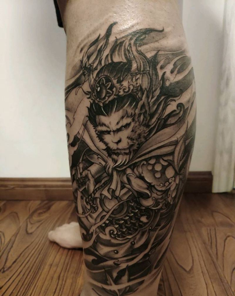 猴子纹身图片_腿部新传统纹身图案