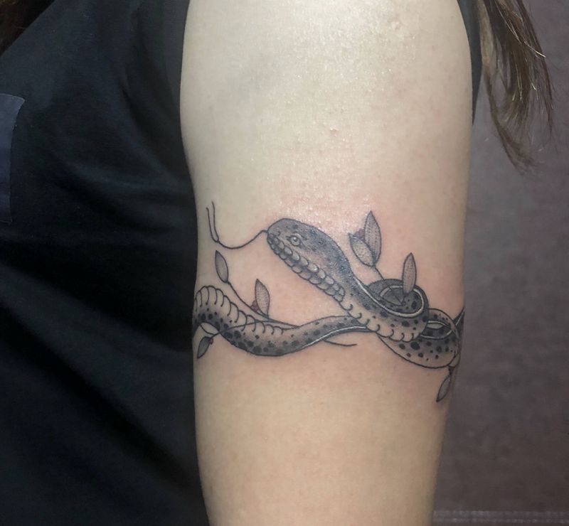 原创蛇环纹身图片_手臂老传统点刺纹身图案