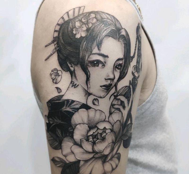 花与剑纹身图片_手臂新传统纹身图案