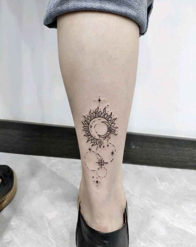 日月纹身图片_腿部几何纹身图案