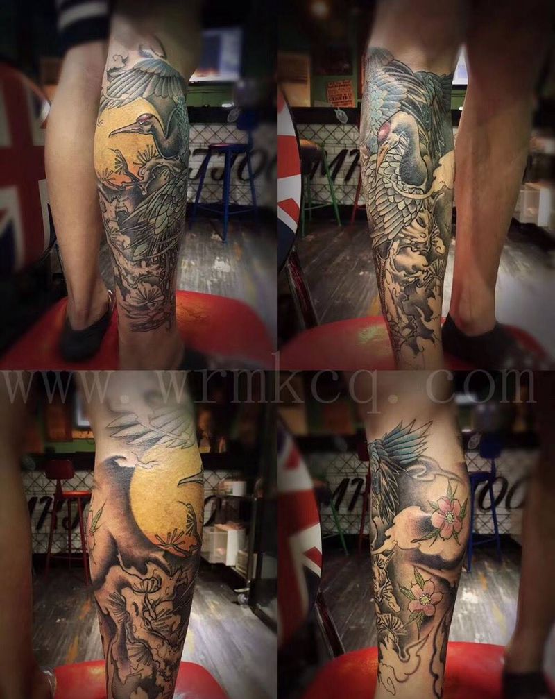 仙鹤包小腿纹身图片