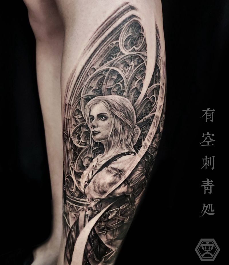 巫师3Ciri纹身图片_腿部欧美写实纹身图案