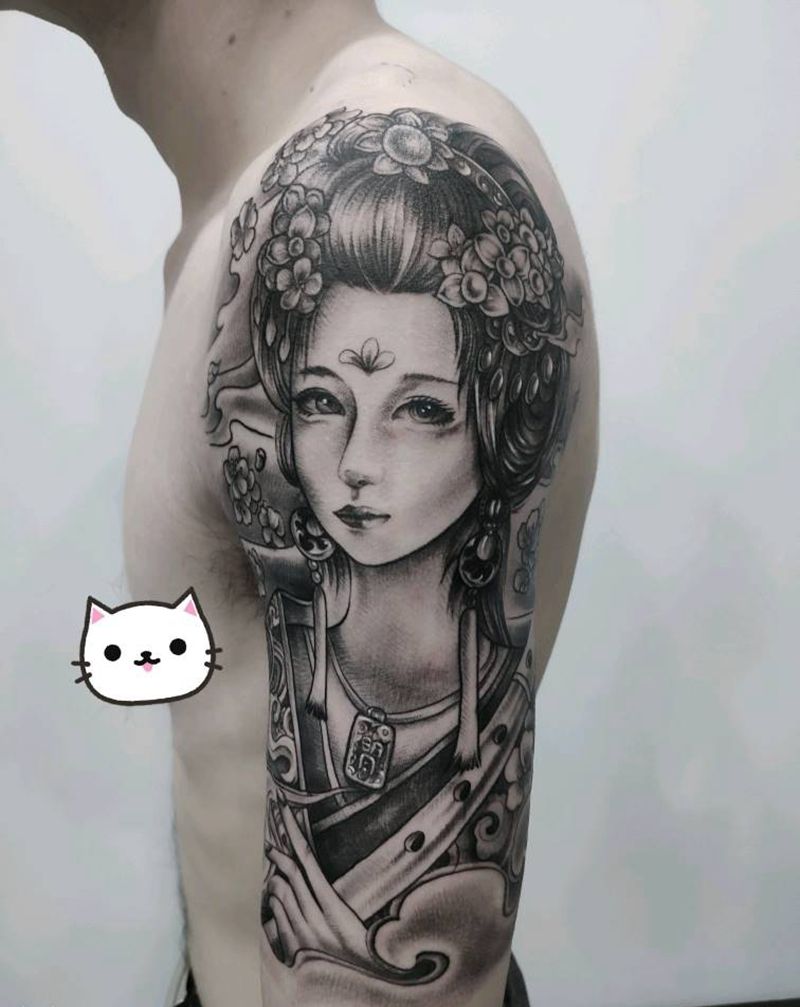 美女纹身图片_肩部新传统纹身图案