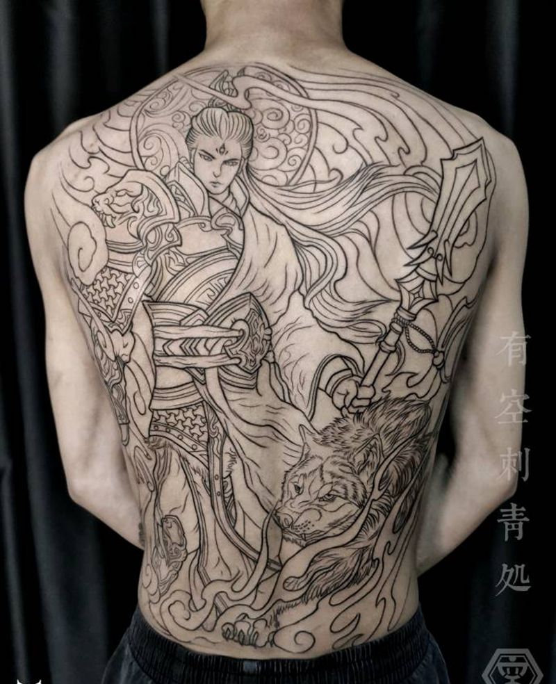 二郎真君纹身图片_背部新传统纹身图案
