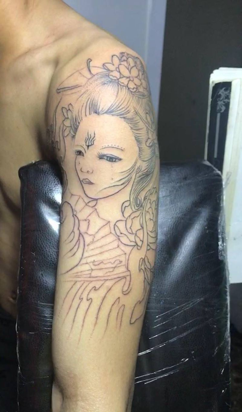 艺妓初步勾线纹身图片