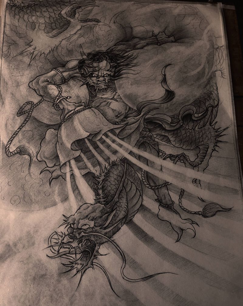 风神纹身图片_背部腿部新传统纹身图案