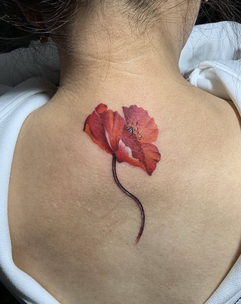 罂粟花纹身图片_颈部水彩纹身图案