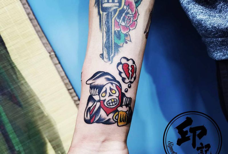 何以解忧，唯有杜康。纹身图片_手臂Old School纹身图案