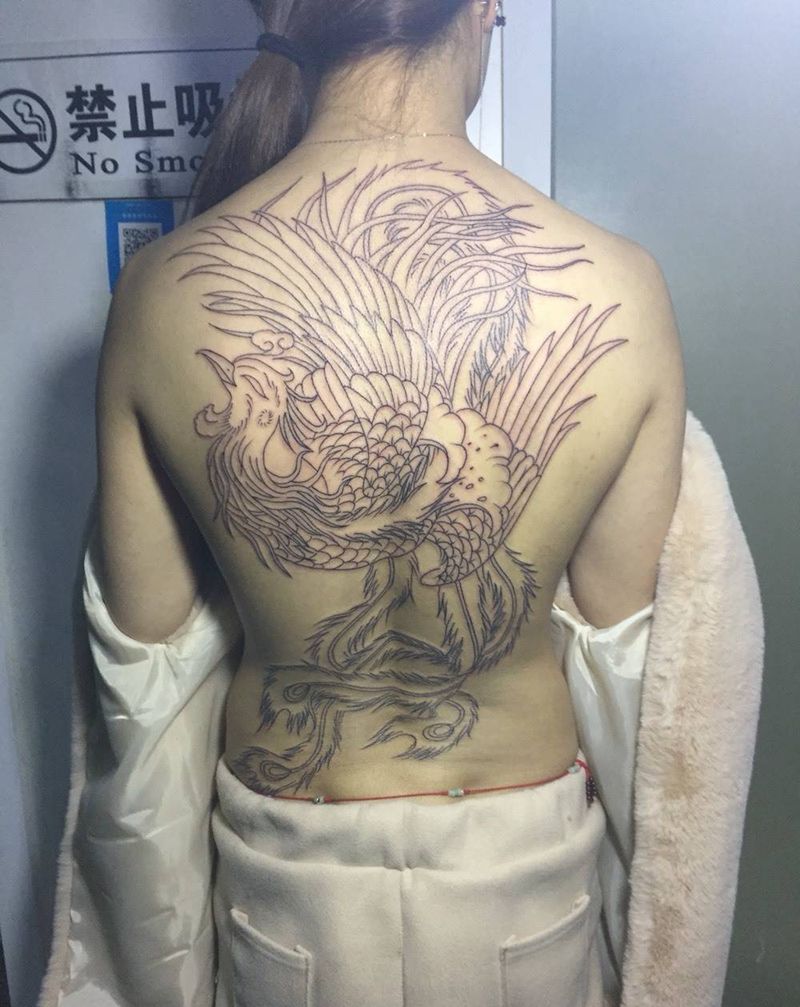 凤凰初步勾线纹身图片