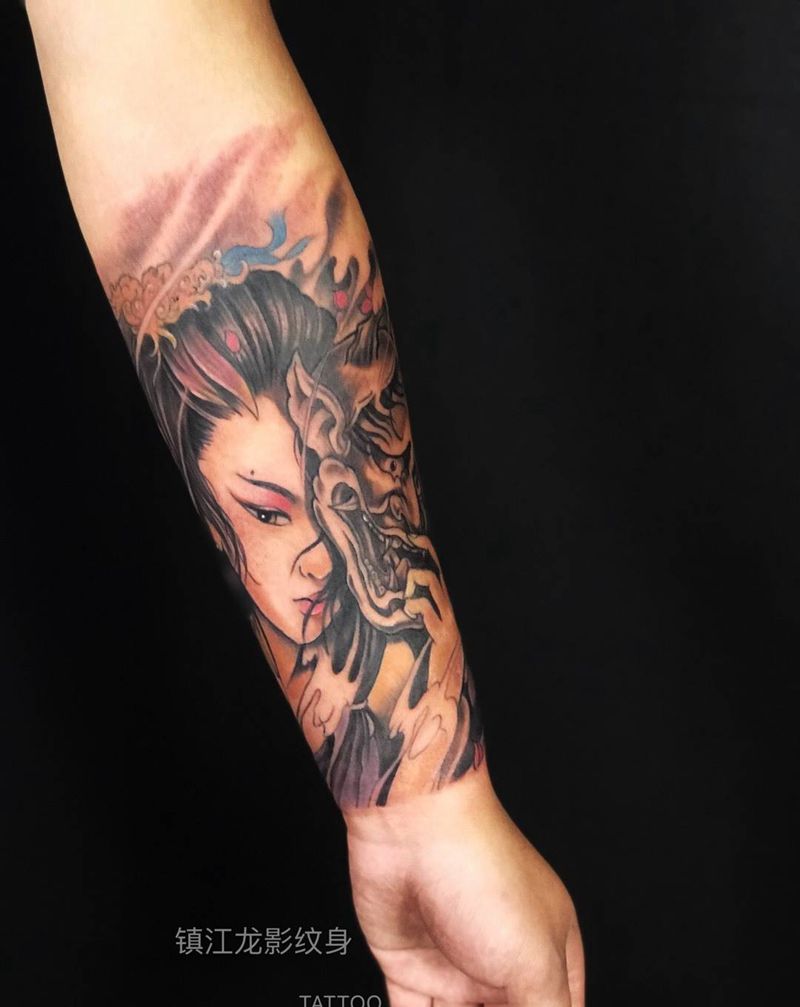 半包臂艺妓般若纹身图片