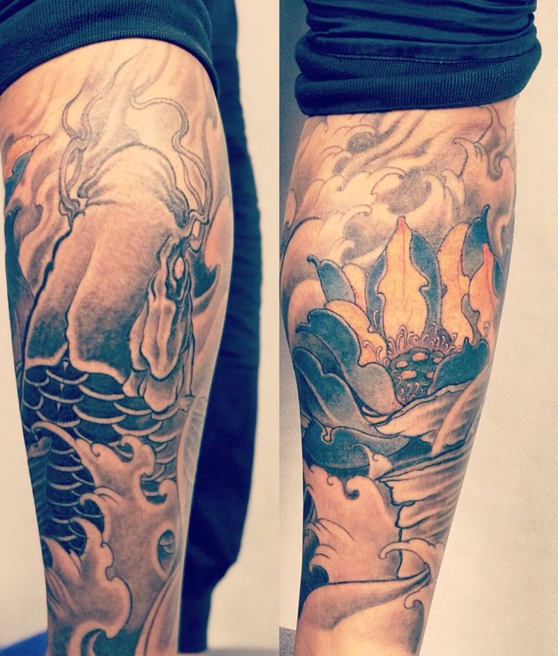 鱼荷花小包腿纹身图片