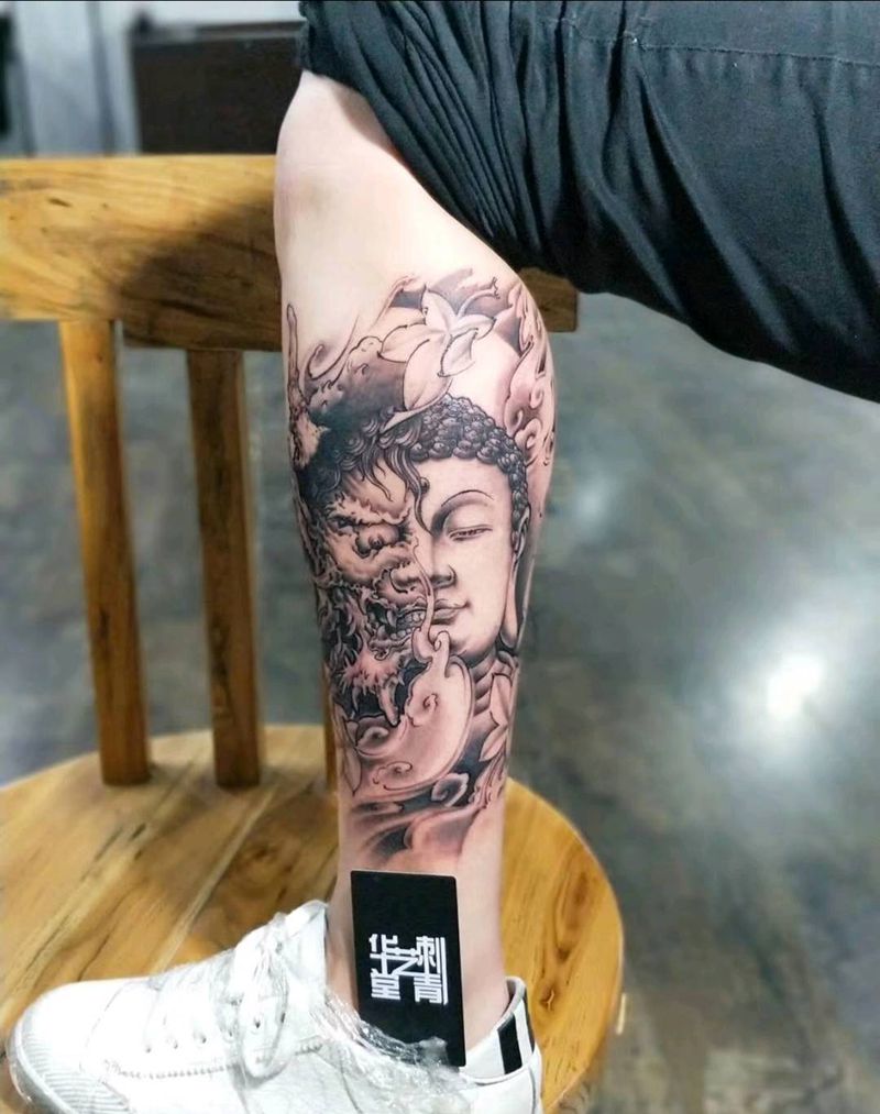 佛魔纹身图片_腿部传统成品纹身图案