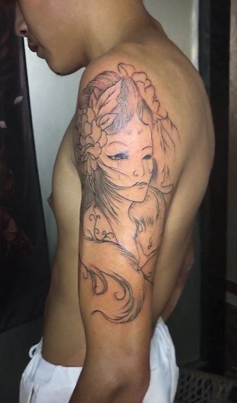 小狐仙初步勾线纹身图片