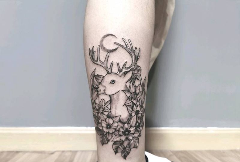 鹿纹身图片_腿部点刺花,鹿纹身图案