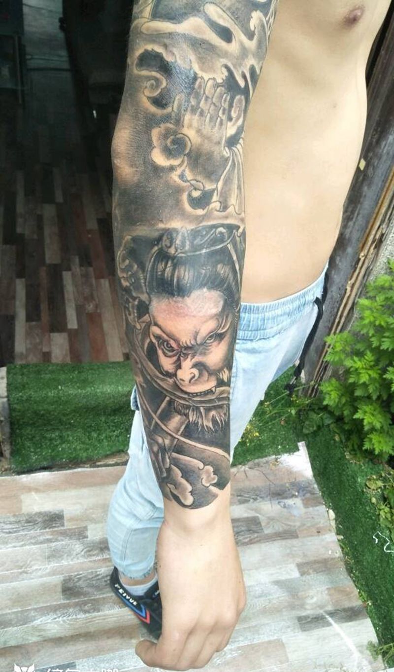 猴子佛花臂，客人自带的图，纹身图片_手臂老传统佛纹身图案