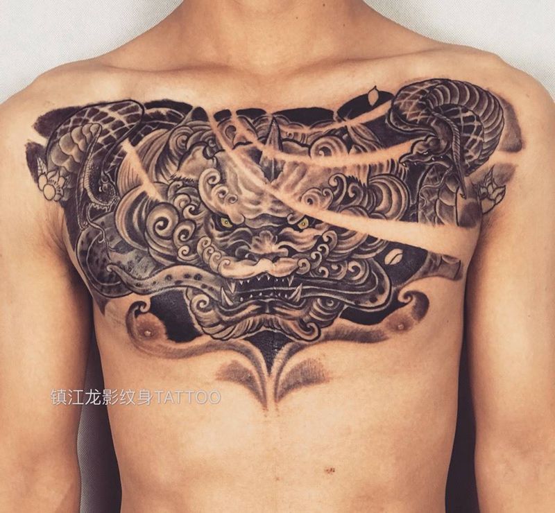 花胸唐狮纹身图片