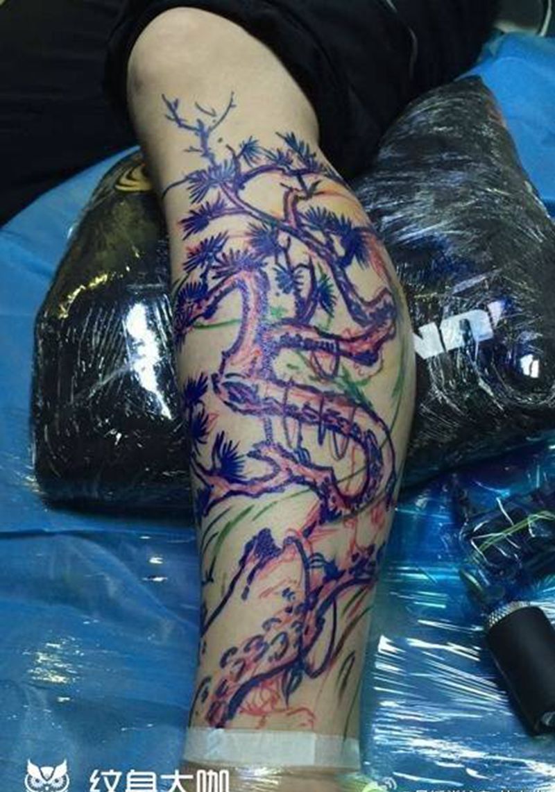 小腿命题纹身纹身图片_成品原创动物植物传统脚部纹身图案