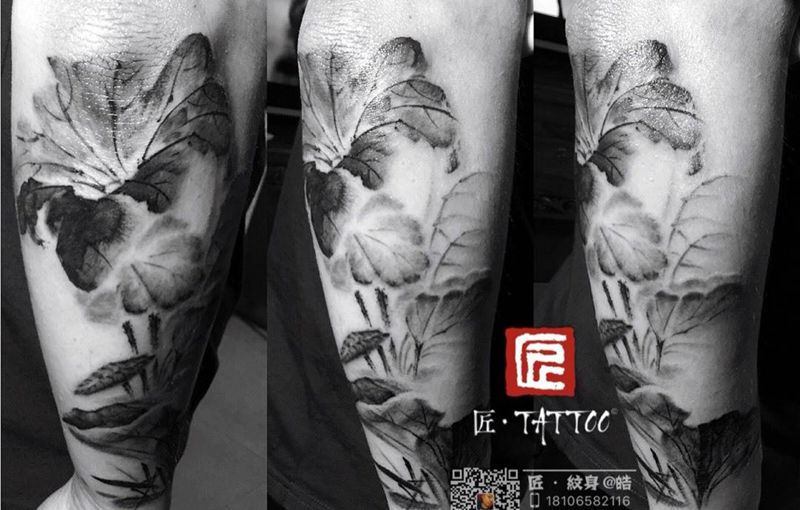 原创水墨花臂-进度20%纹身图片_手臂国画植物静物原创清新纹身图案