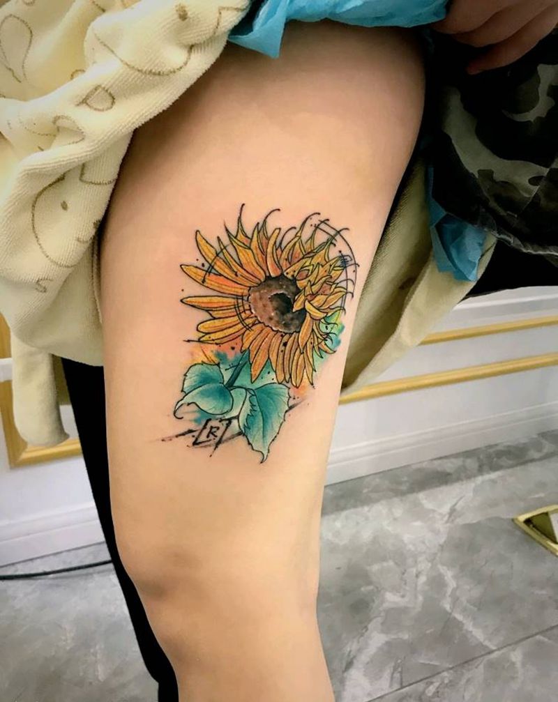 向日葵纹身图片_腿部水彩纹身图案