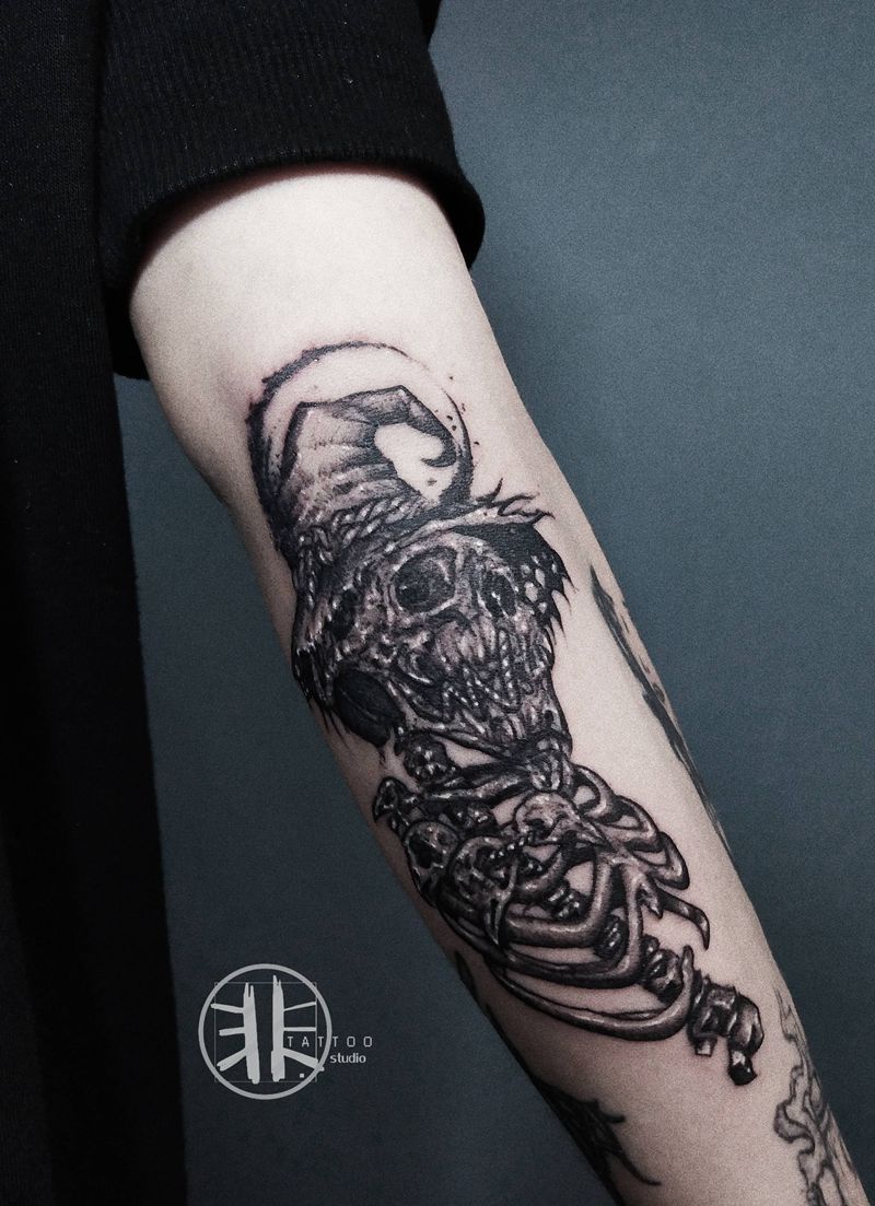 暗黑系骷髅纹身图片_手臂Old School点刺暗黑系骷髅纹身图案