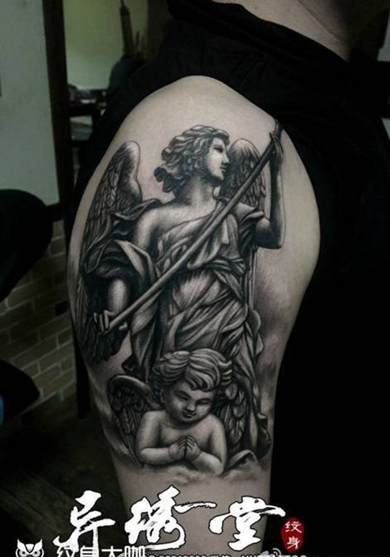 守护天使纹身图片_成品肩部手臂欧美人物纹身图案