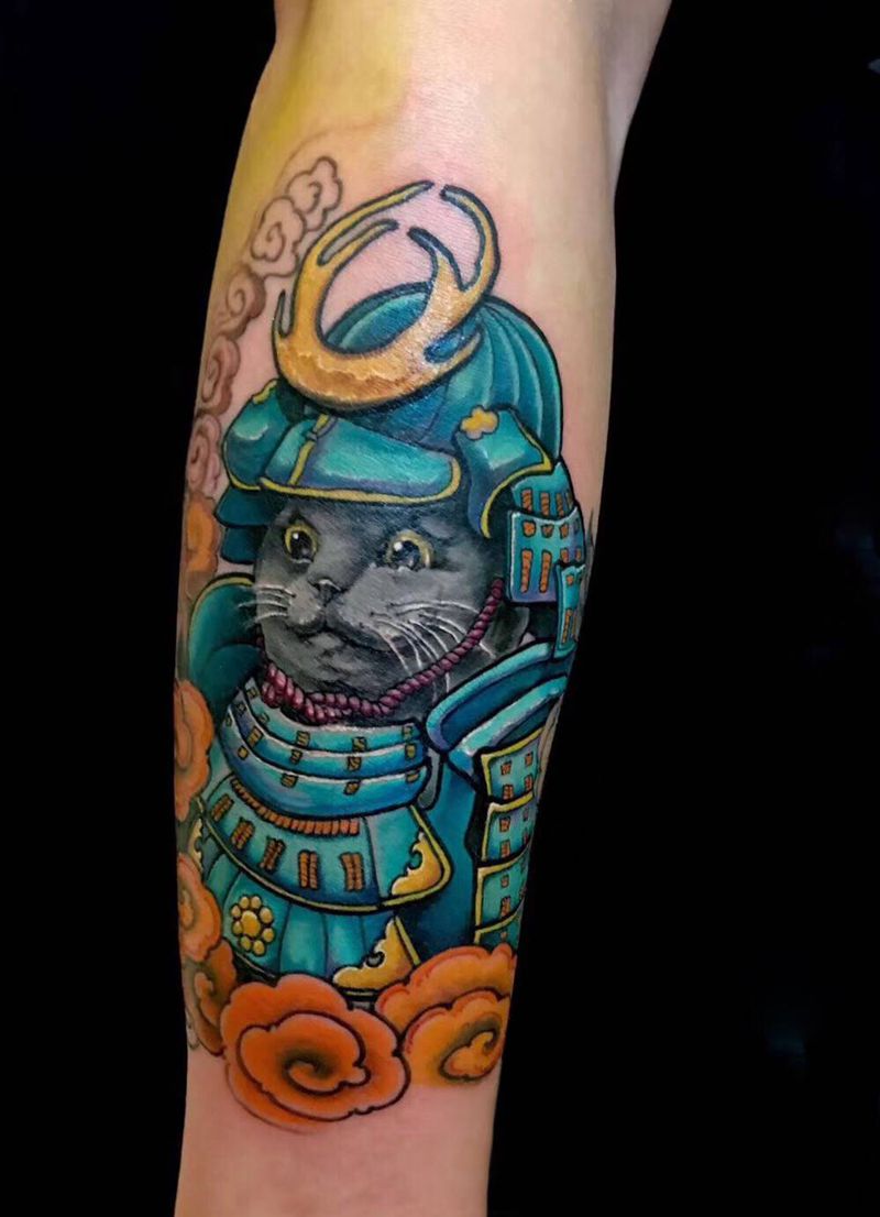 武士猫纹身图片_手臂New School纹身图案