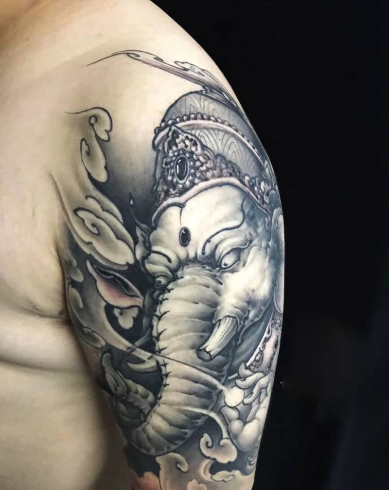 象神纹身图片_手臂新传统纹身图案