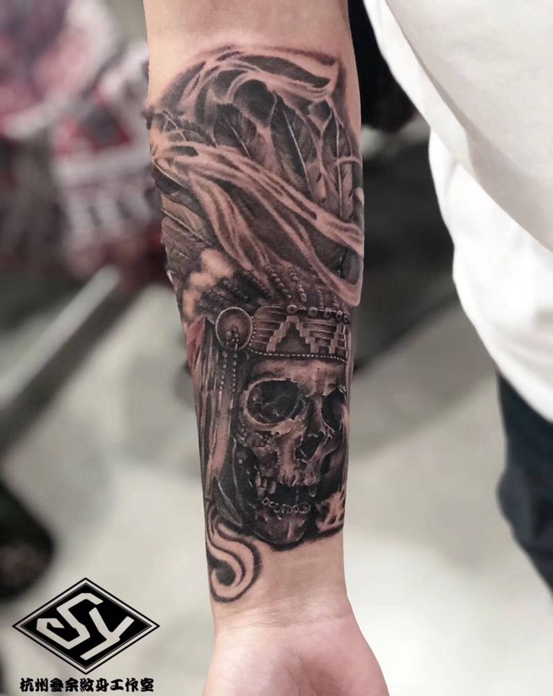 印第安骷髅纹身图片_手臂纹身图案
