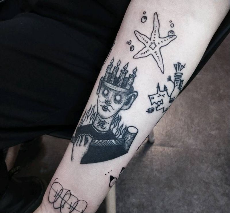 欧美风格拼接小臂纹身图片_手臂New School点刺纹身图案