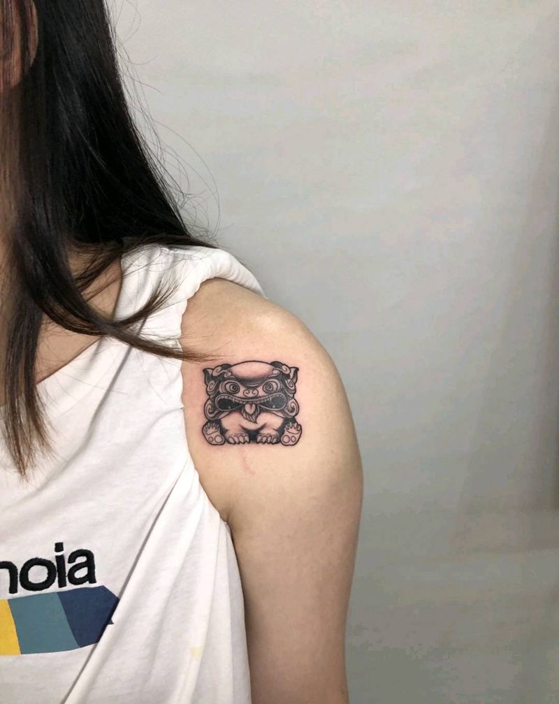 唐狮纹身图片_肩部新传统纹身图案