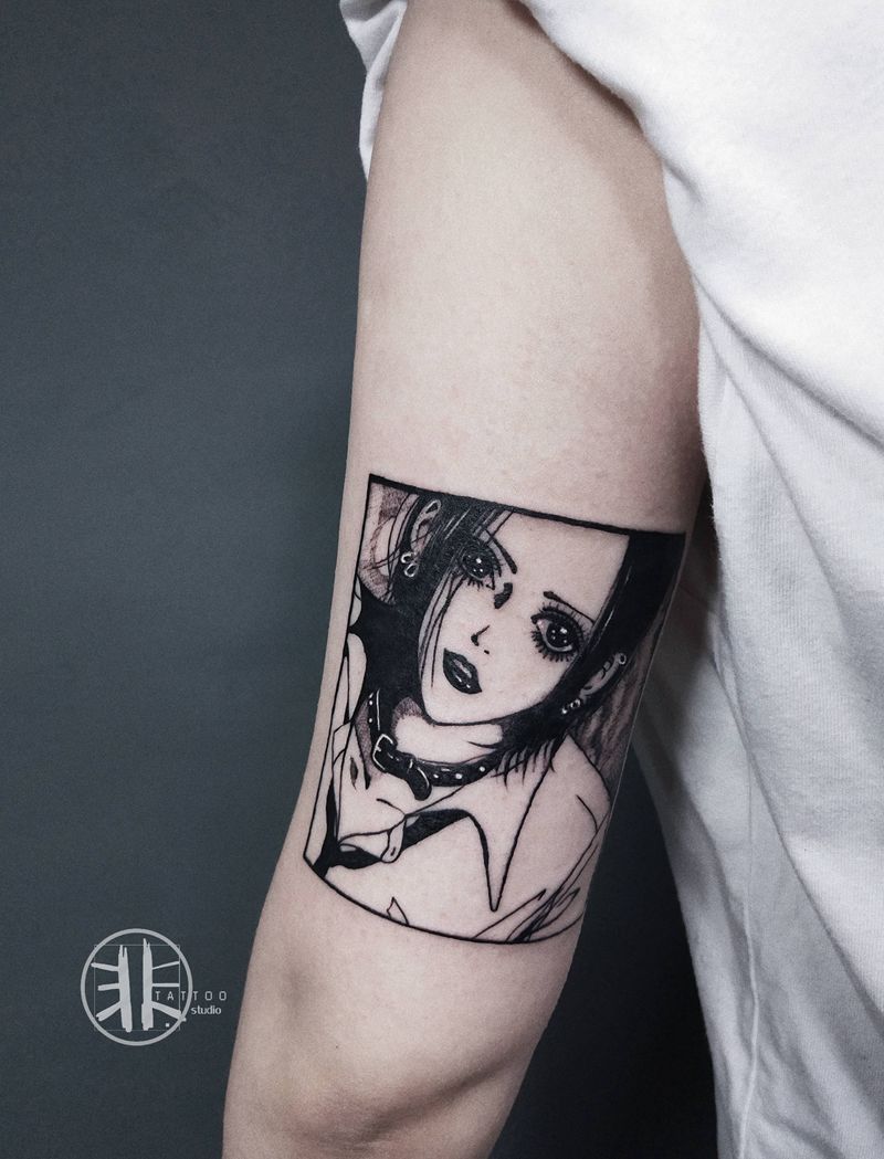 动漫人物纹身图片_手臂Old School点刺动漫人物单针素描纹身图案