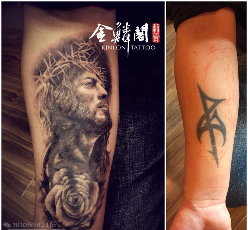 写实遮盖纹身图片_欧美成品手臂人物宗教原创纹身图案