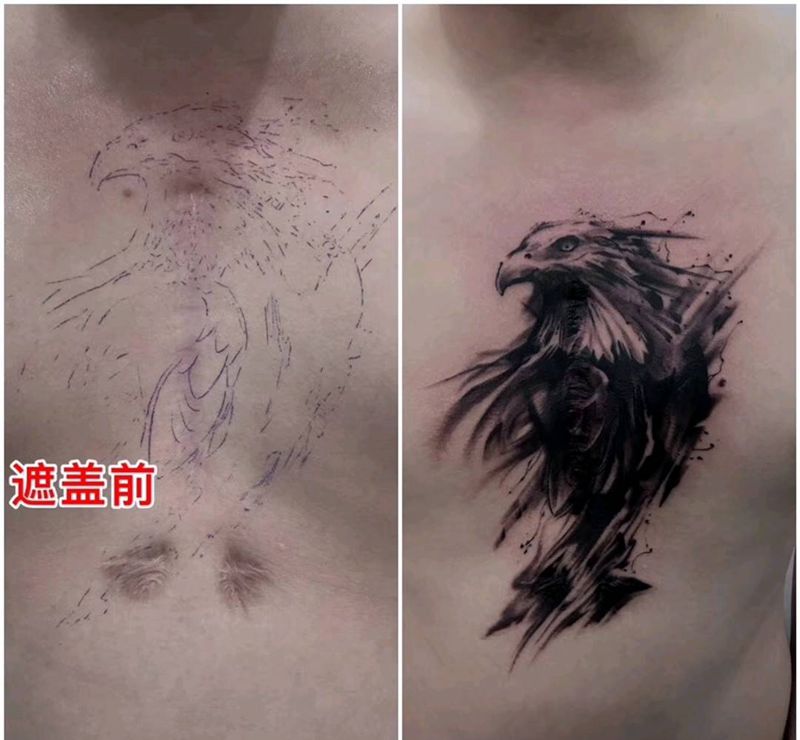 遮盖作品鹰纹身图片_胸部水墨纹身图案
