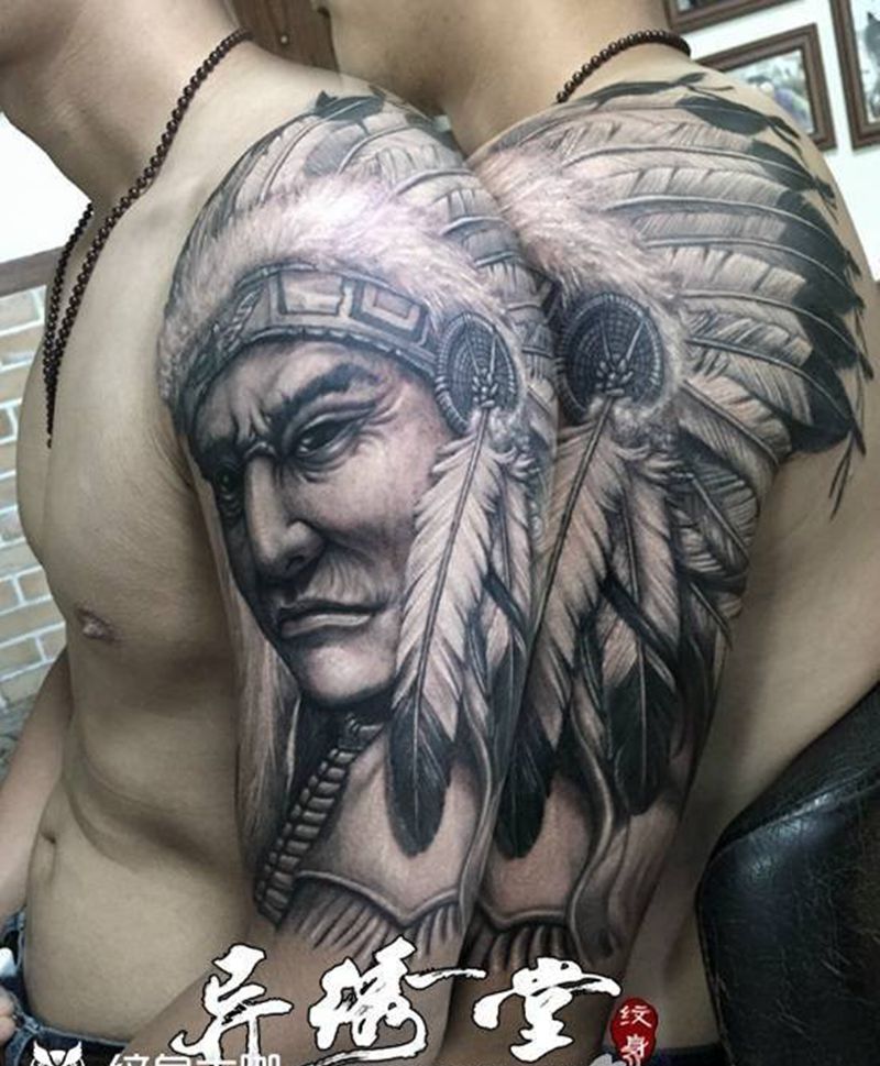 印第安人纹身图片_成品原创人物手臂肖像纹身图案