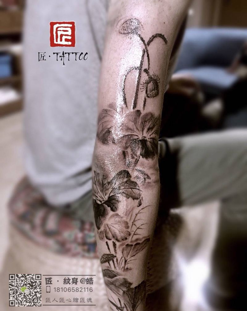 原创水墨花臂纹身图片