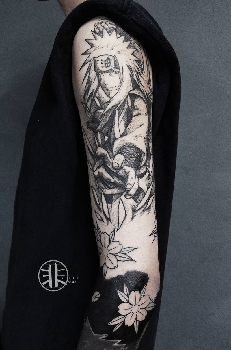 火影迷纹身图片_手臂肩部Old School点刺火影忍者黑臂纹身图案