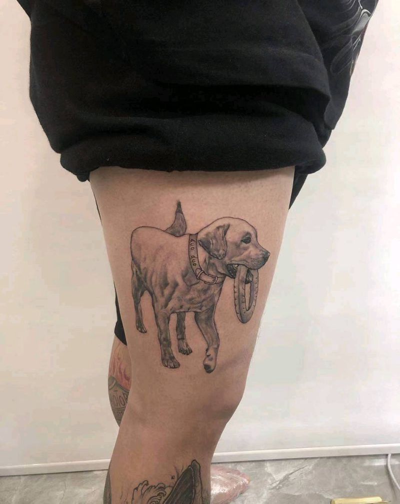 狗狗纹身图片_腿部写实纹身图案