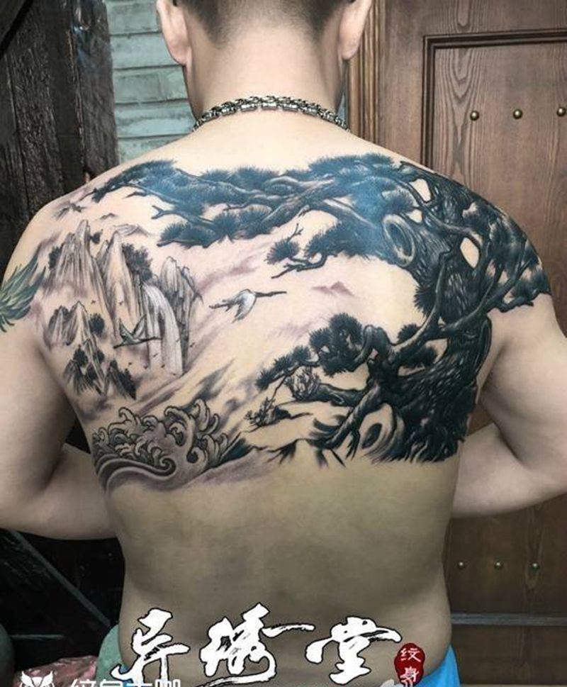 山水画纹身图片_手稿成品原创植物传统国画背部纹身图案