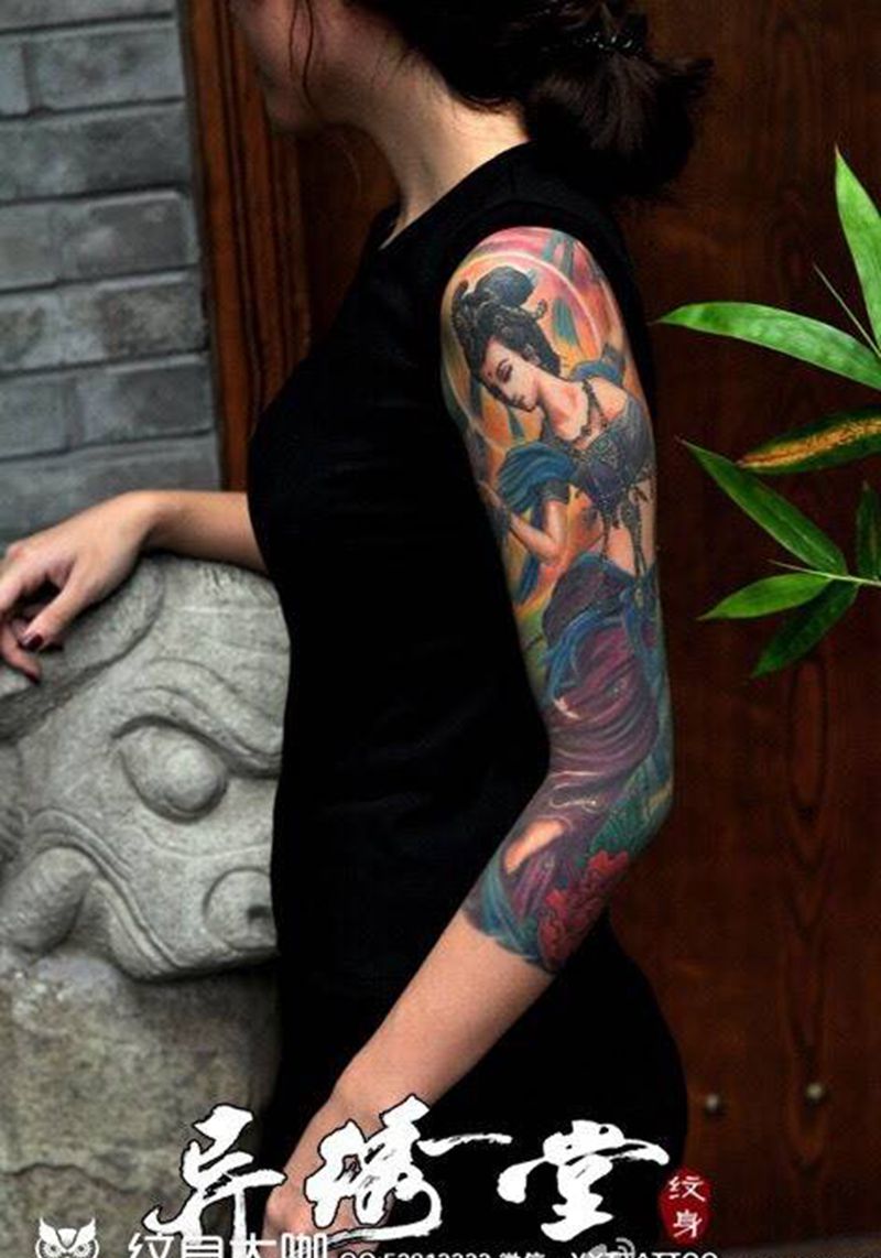 敦煌飞天花臂 七分袖纹身图片_成品肩部手臂手部传统肖像清新人物宗教鬼神纹身图案