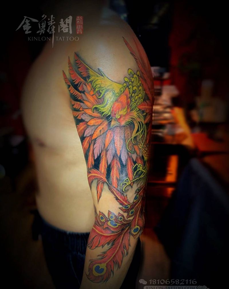 凤凰七分臂，待做背景纹身图片_手臂欧美写实纹身图案