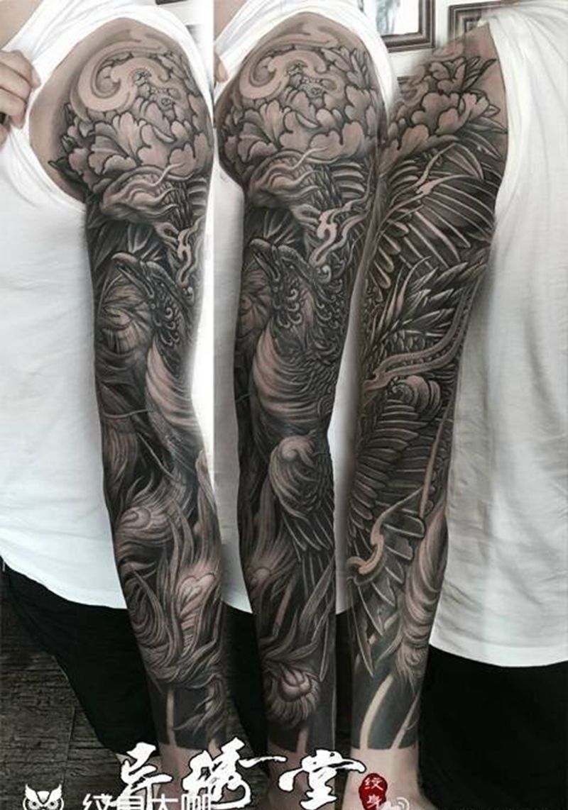 凤凰牡丹传统花臂纹身图片_成品手臂传统动物肩部原创纹身图案