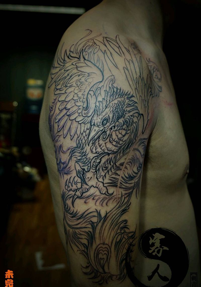 凤翼天翔纹身图片_手臂传统动物凤凰成品纹身图案