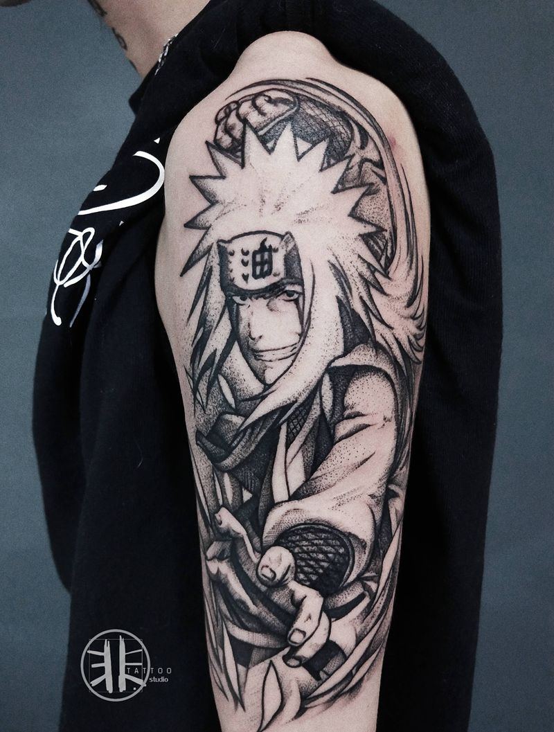 火影～自来也纹身图片_肩部手臂点刺Old School火影忍者自来也单针素描纹身图案