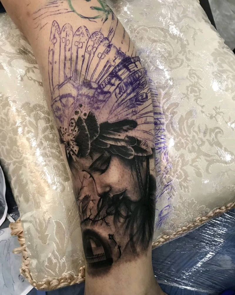 印第安美女纹身图片_腿部欧美写实未完成纹身图案