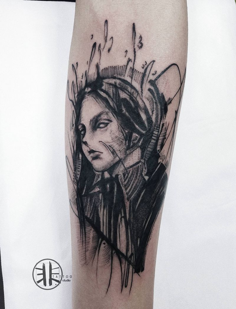 速写 单针素描纹身图片_手臂点刺欧美写实单针素描草稿速写纹身图案