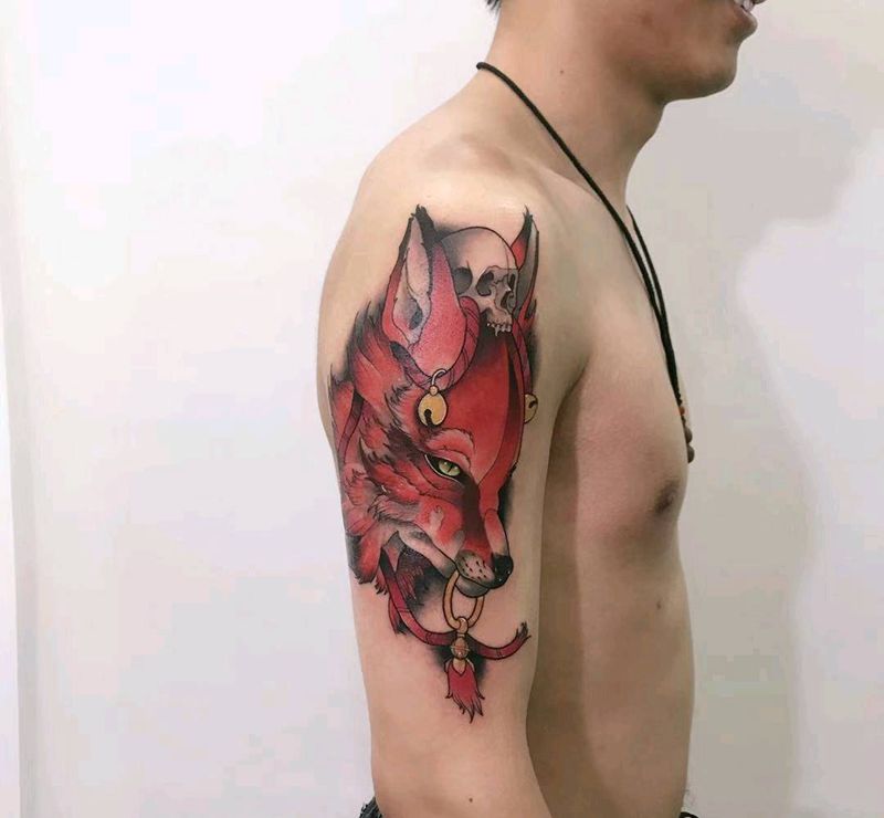 狐狸纹身图片_手臂水彩欧美写实纹身图案