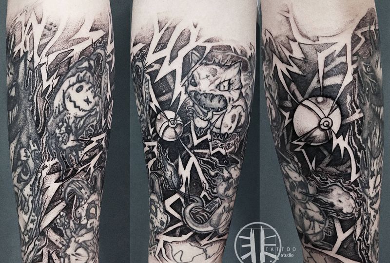 暗黑系-宝可梦纹身图片_手臂点刺暗黑系动漫宝可梦单针素描纹身图案