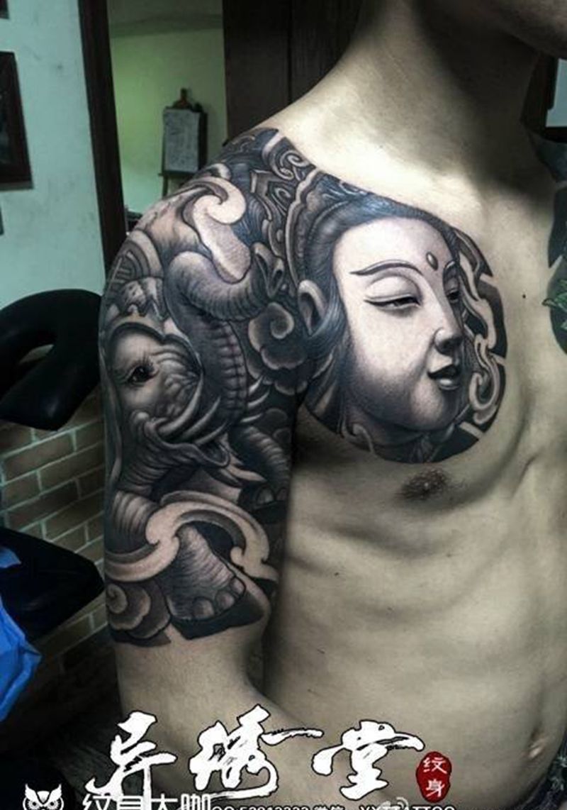 普贤菩萨纹身图片_成品胸部肩部传统宗教人物动物纹身图案