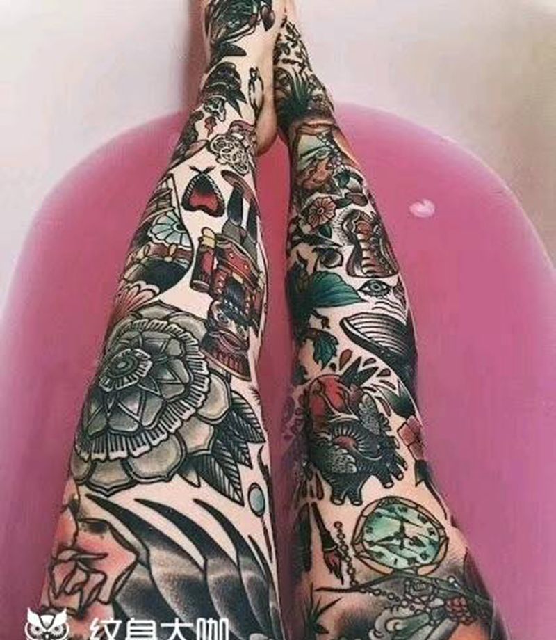 欧美大花腿纹身图片_腿部New School纹身图案