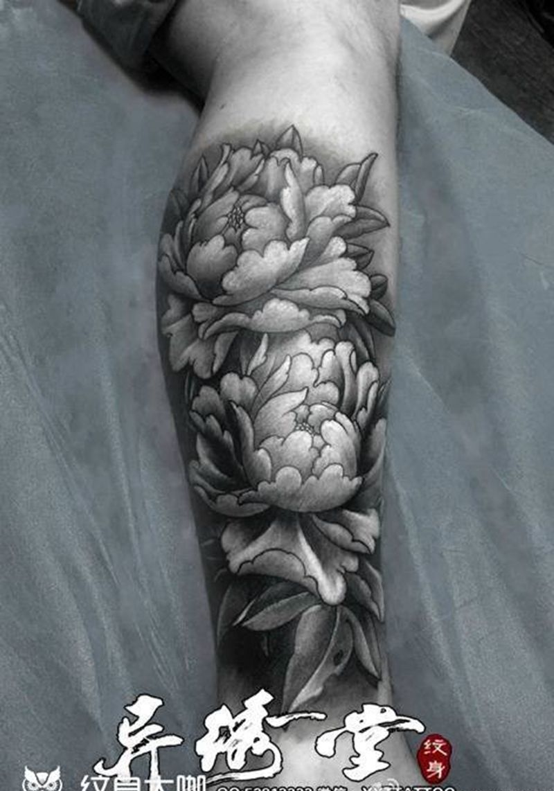 牡丹纹身图片_成品腿部传统植物原创纹身图案